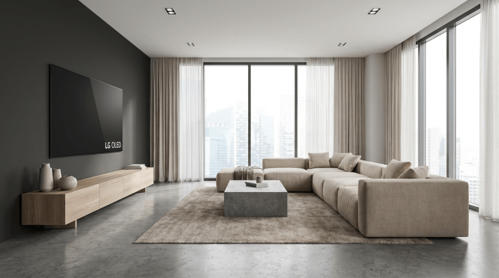 Minimalist living room featuring an LG OLED TV, large sectional sofa, and floor-to-ceiling windows.